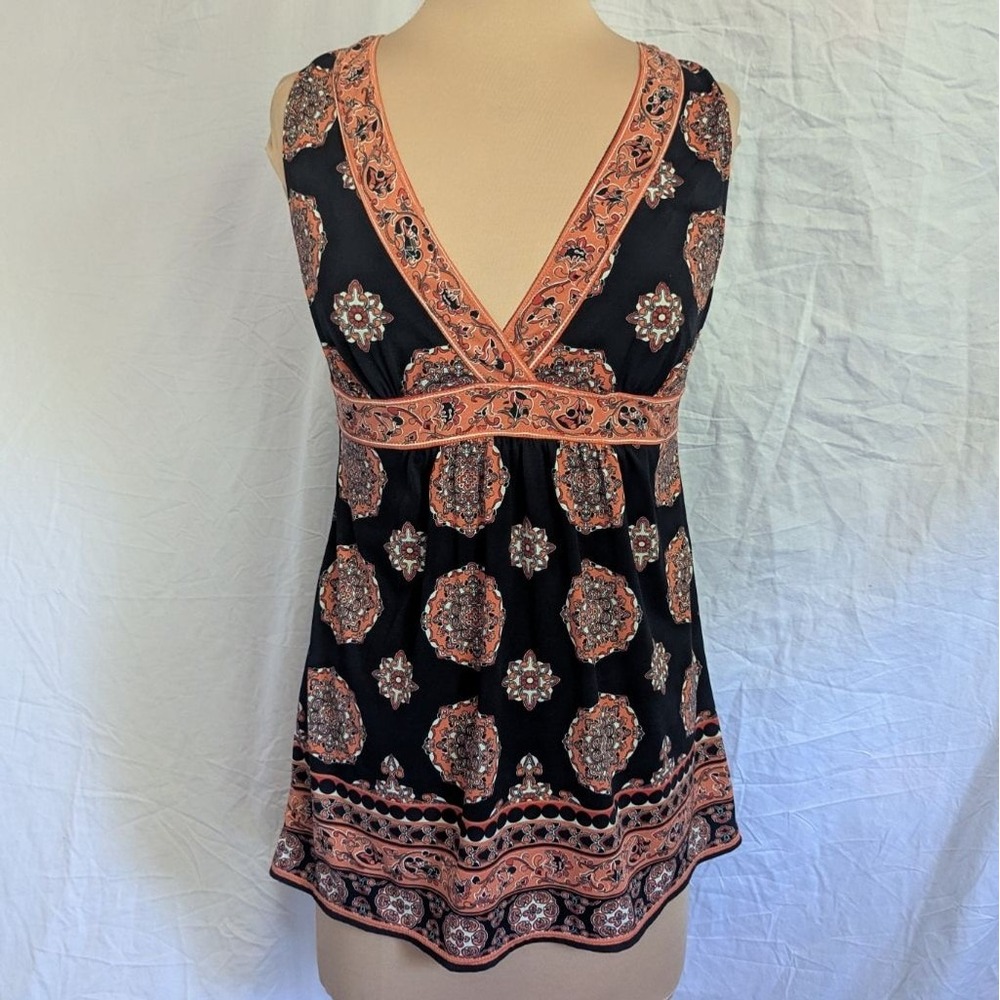 Babydoll Tank Top Black Orange Medallion Empire Waist Md Boho Festival Peasant